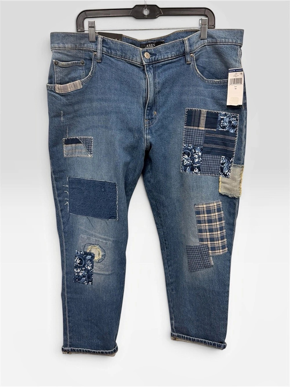 Ralph Lauren Relaxed Taper Patchwork Jean Blue Waist 34 / 18 Women’s. NWT